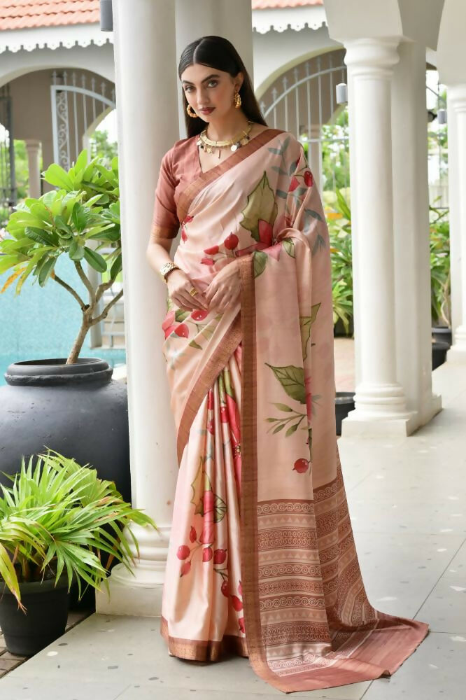 Vishnu Weaves Women's Coffee Satin Silk Printed Saree with Blouse - Swadesiicart
