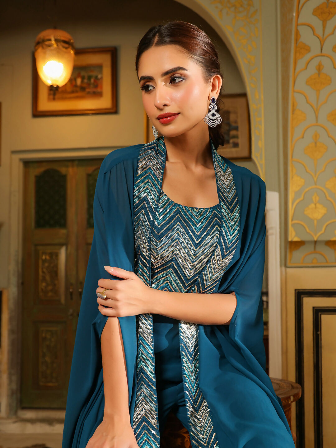 Janasya Teal Blue Georgette Embroidered Top Bottom Cape | Swadesiicart