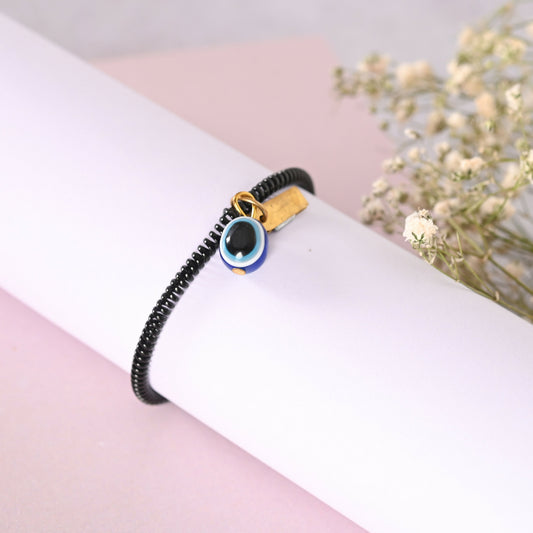 NVR Men & Women Black Evil Eye Crystal Spring Ring Bracelet - Swadesiicart