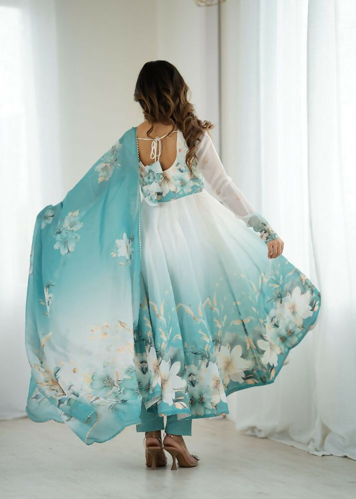 Joban Fashion Aqua Blue Kurta Set Organza Sequin Embroidery Work - Swadesiicart