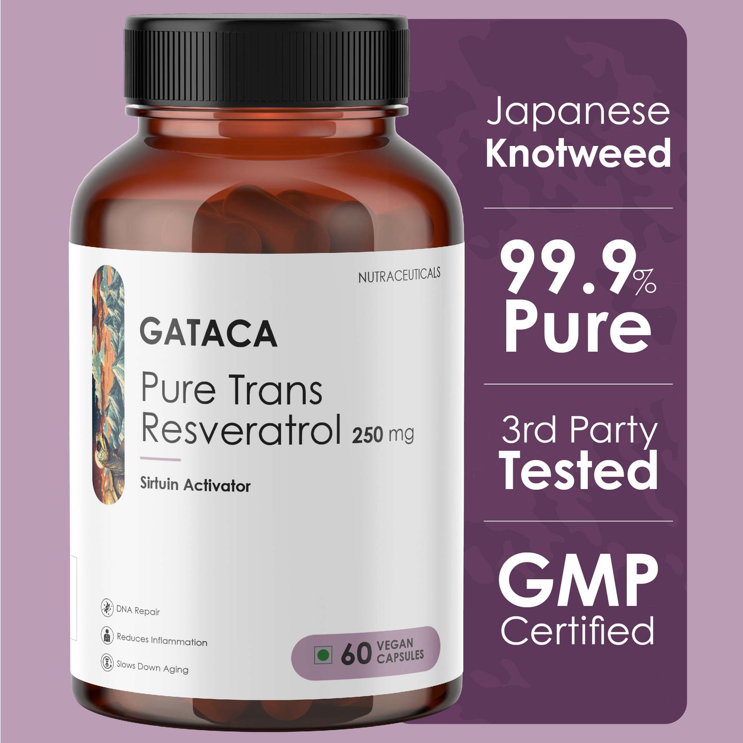 GATACA Pure Trans-Resveratrol - 250 mg Capsules for More Repair, Better Heart, More Life | Swadesiicart
