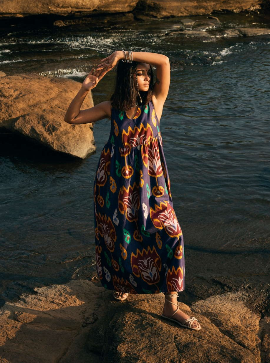 trueBrowns Purple Cotton Ikat Flared Dress | Swadesiicart