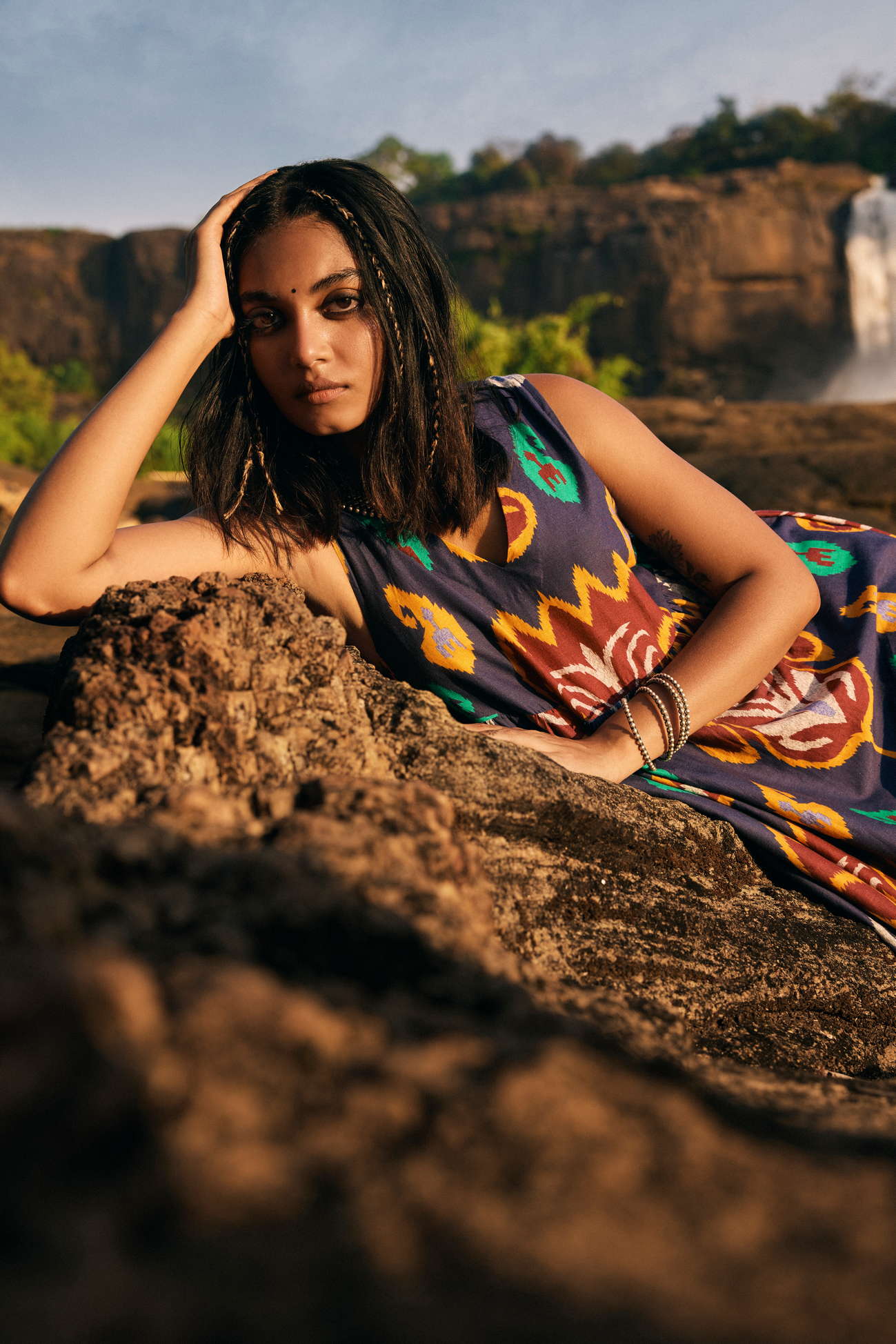 trueBrowns Purple Cotton Ikat Flared Dress | Swadesiicart