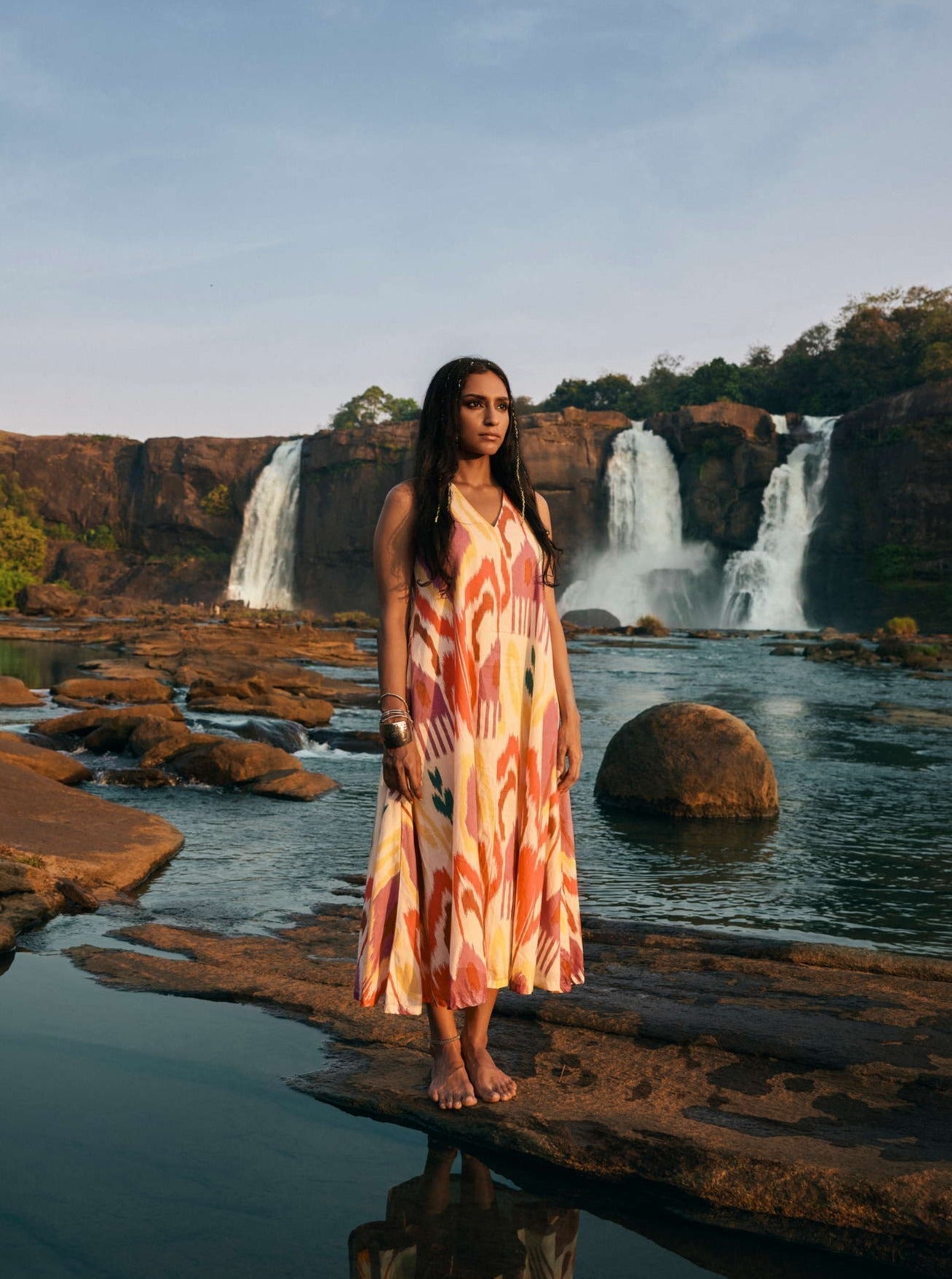 trueBrowns Pink Cotton Ikat Sleeveless Dress | Swadesiicart