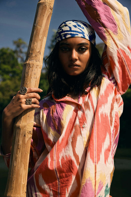 trueBrowns Pink Cotton Ikat Shirt Co-ord Set - Swadesiicart