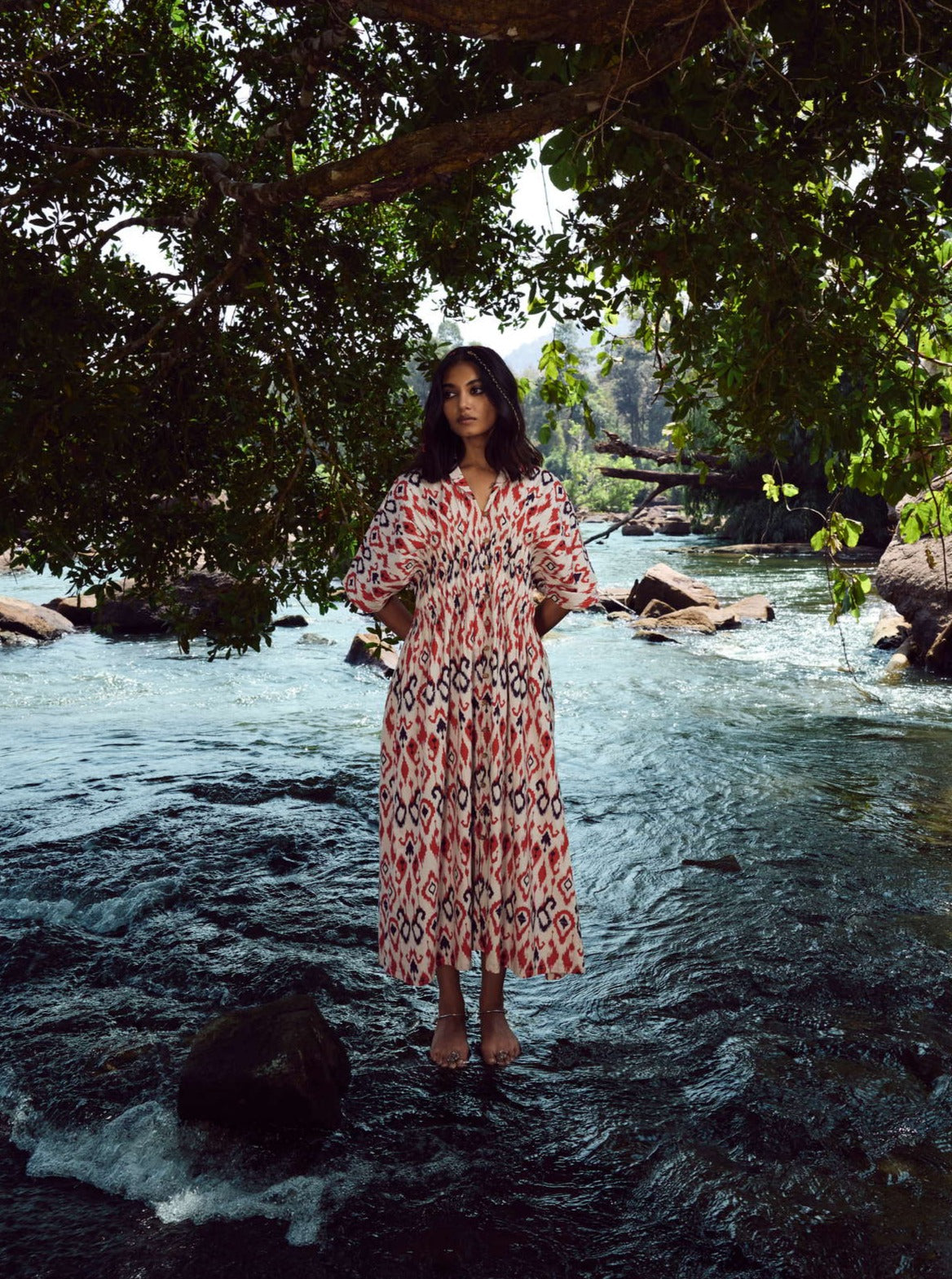 trueBrowns Carrot Cotton Ikat Dress | Swadesiicart