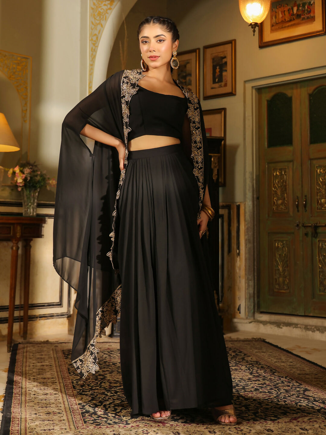 Janasya Black Georgette Solid Top Bottom Cape | Swadesiicart