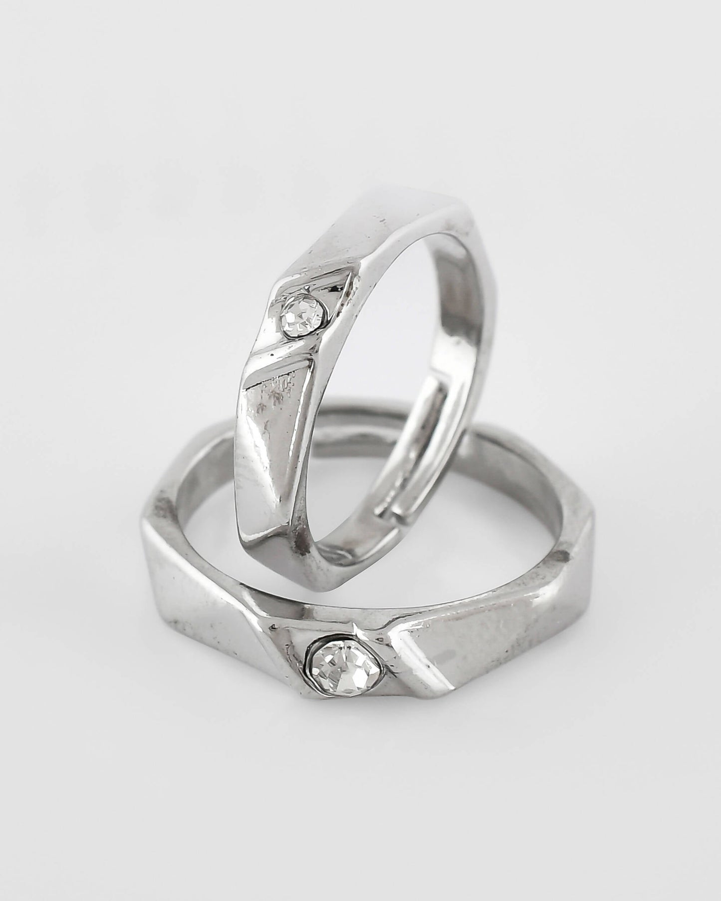 VOJ Stainless Steel Cubic Zirconia Silver Plated Adjustable Ring Set for Couple | Swadesiicart