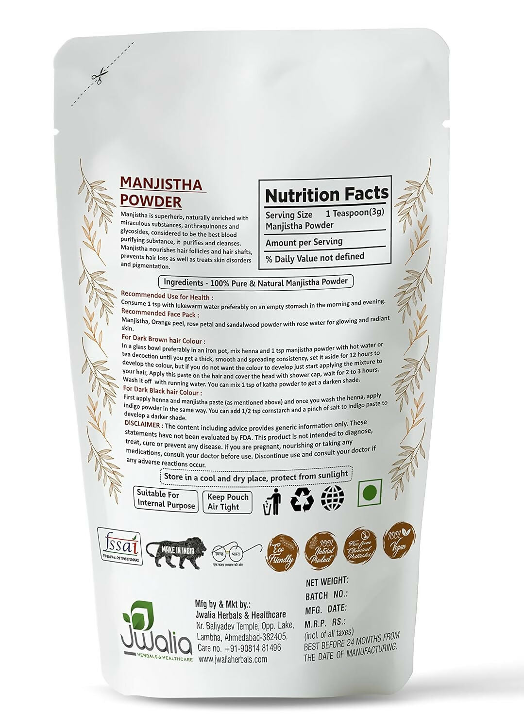 Myherb Pure Natural Organic Manjistha Powder - Swadesiicart