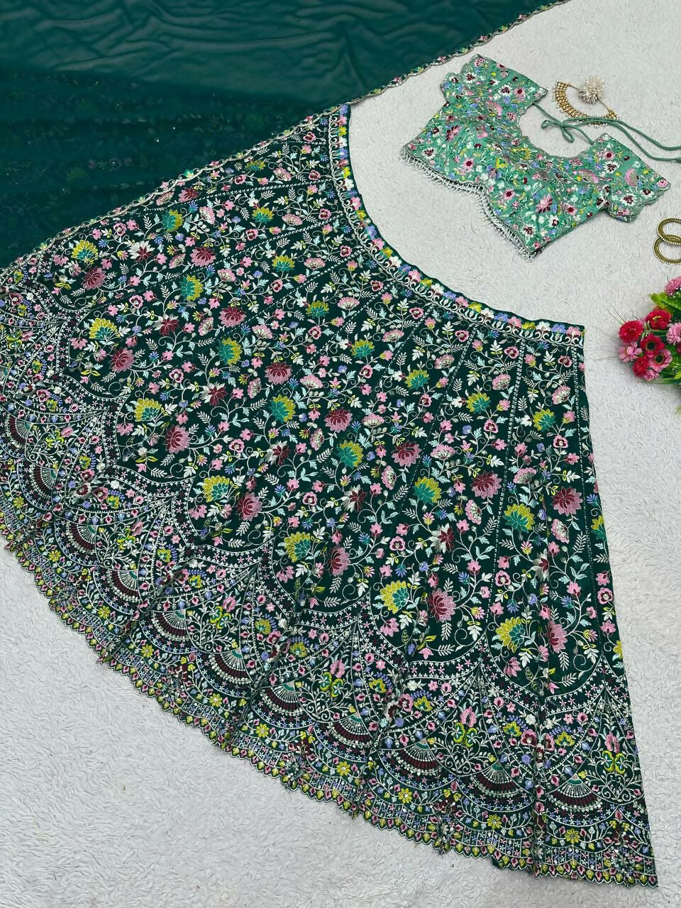 Jyoti Fashion Women's Bottle Green Faux Georgette Sequins with Thread Embroidered Designer Lehenga Choli Set | Swadesiicart