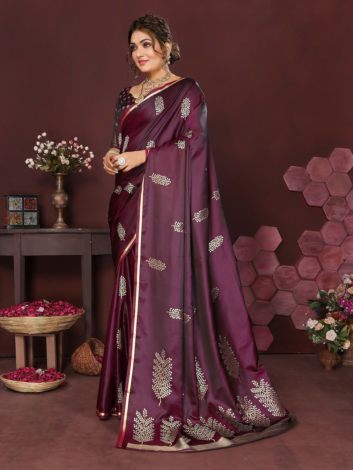 Joban Fashion Wine Floral Motifs Banarasi Silk Sarees | Swadesiicart