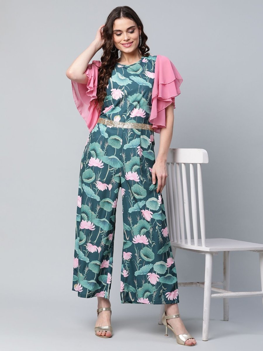 Ahalyaa Women's Dark Green Crepe Printed Jumpsuit | Swadesiicart