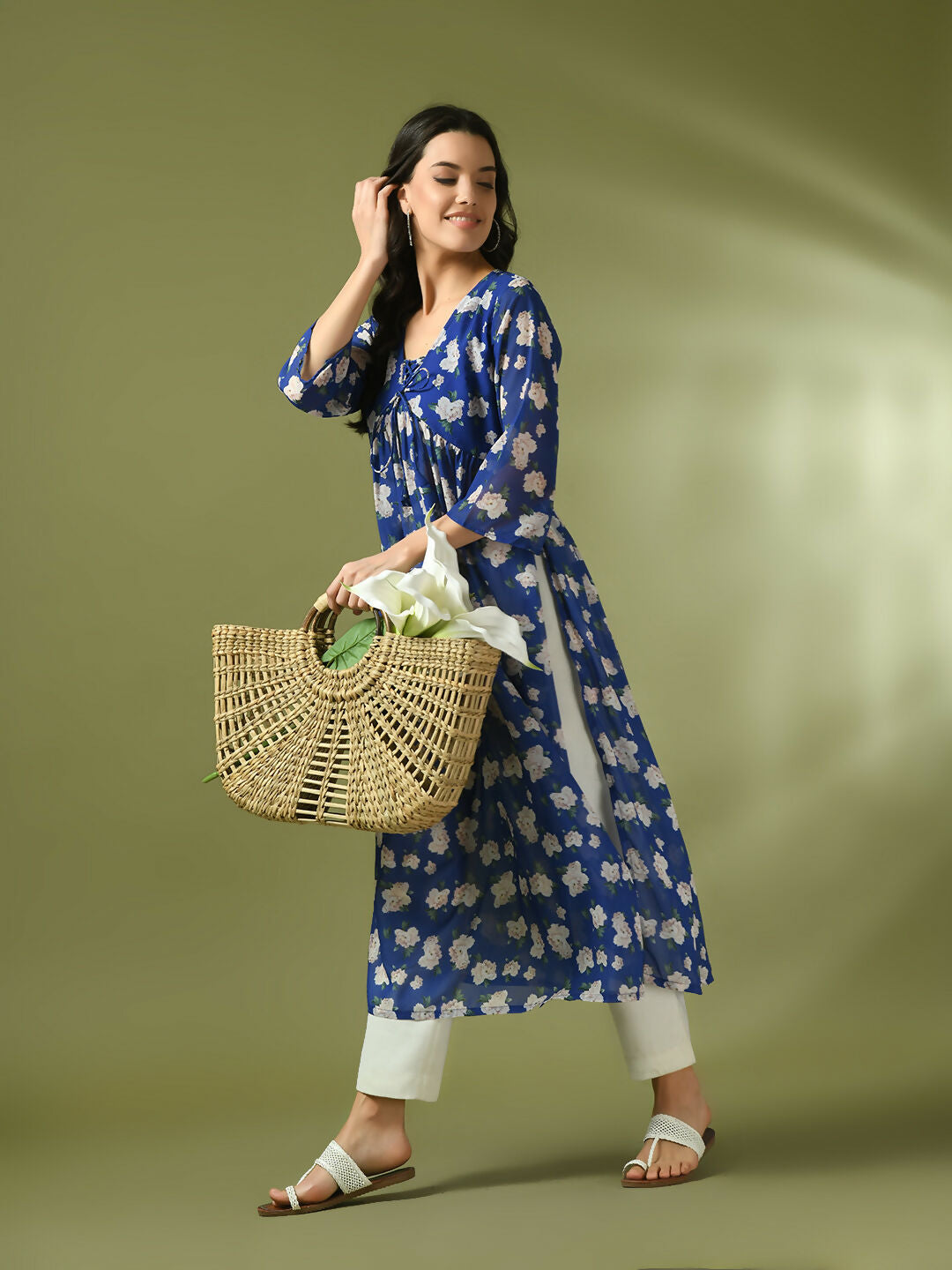 Myshka Women's Blue Printed Georgette A-Line Nyra-cut Kurta - Swadesiicart