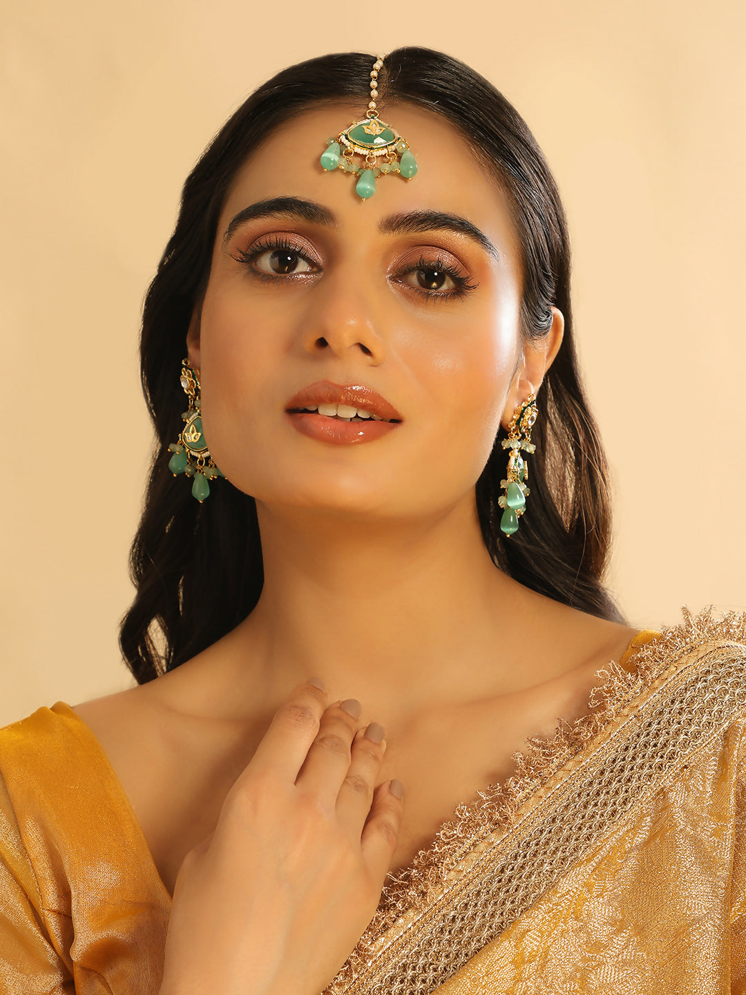Nuyug 22K Gold Plated Lush Green Maang Tikka & Earrings Set | Swadesiicart