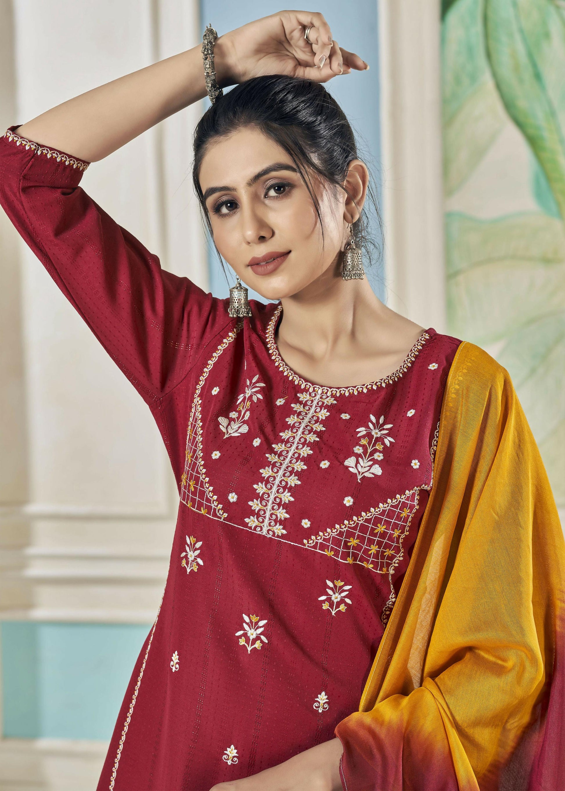 Jyoti Fashion Women's Maroon Pure Viscose Weaving Stripe with Embroidery Kurta Set | Swadesiicart