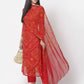 Myshka Women Red Georgette Printed 3/4 Sleeve Round Neck Kurta Pant Dupatta Set
