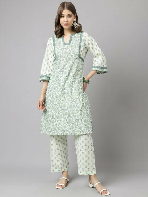 FIORRA Women's Sea Green Cotton A-Line Kurta Set - Swadesiicart