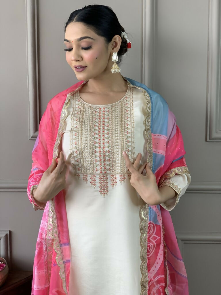 White Viscose Chanderi Stitched Suit With Dupatta - Tanisha | Swadesiicart