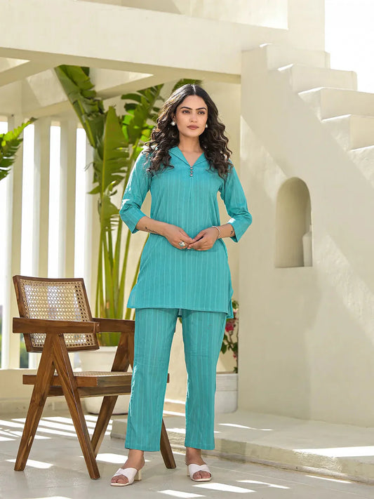 Yufta Turquoise Blue Co-Ord Set - Swadesiicart