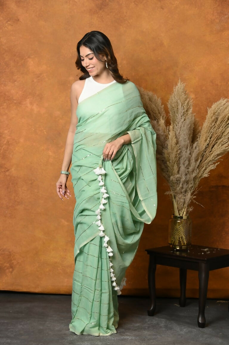 Very Much Indian Designer Mul Cotton Handloom Saree with Sequins - Sea Green | Swadesiicart