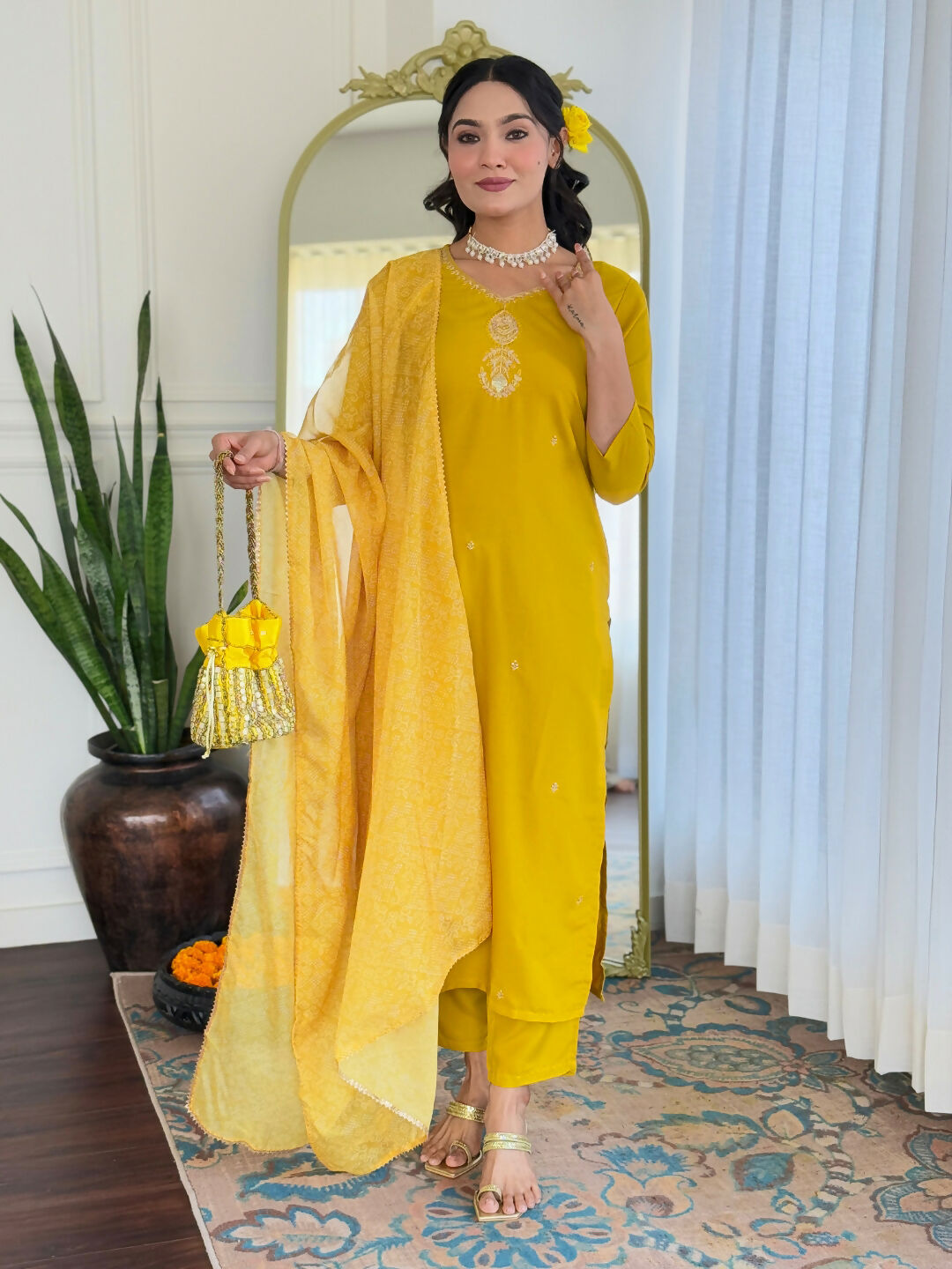 The52 Yellow Women's Beautiful Embroidered Rayon Fabric with Straight Kurta, Pant and Dupatta Set - Swadesiicart