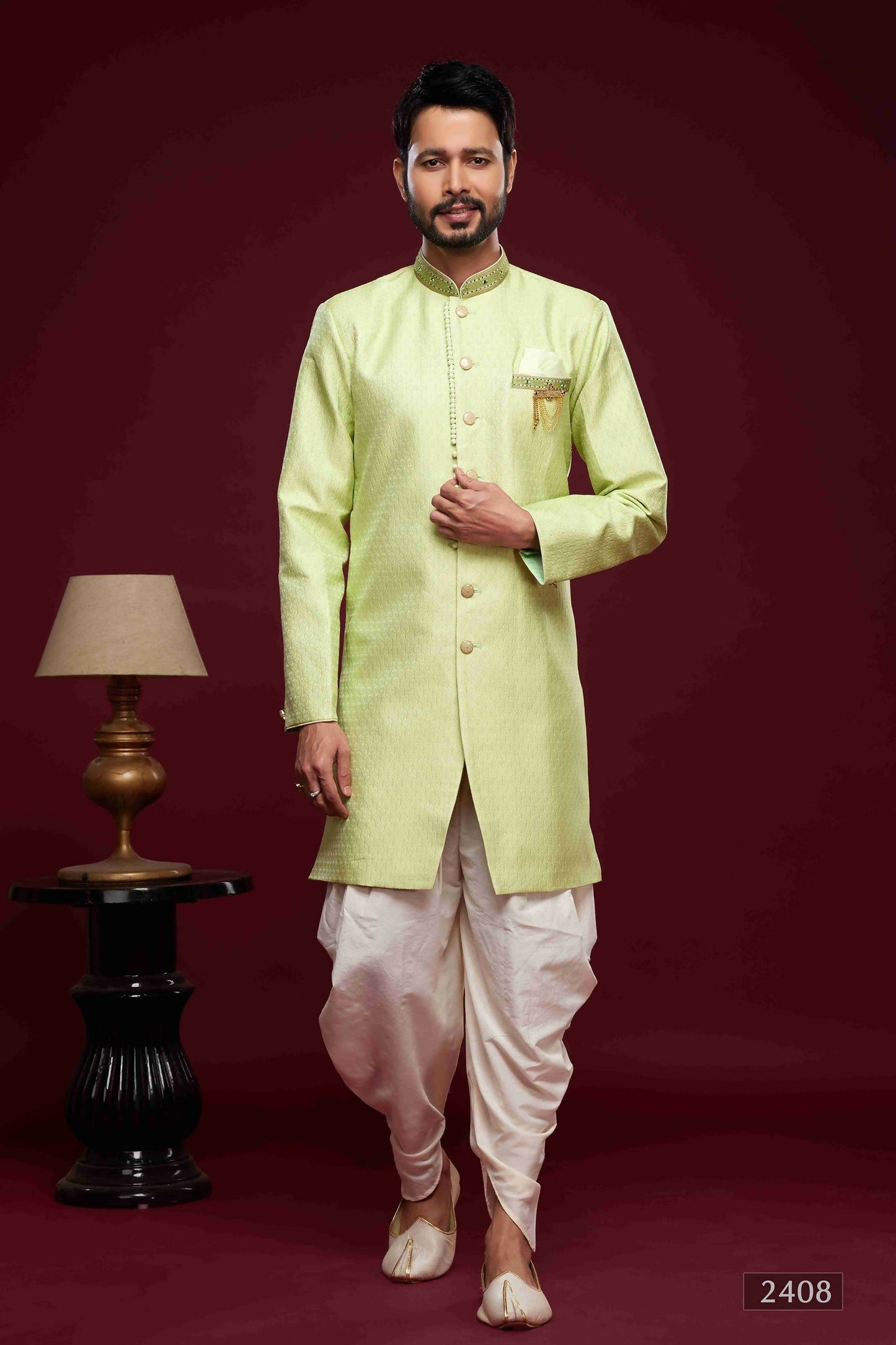Raivat Ethnic Banarasi Jacquard Embroidery Semi Indo Western Sherwani In Pista Green Colour | Swadesiicart