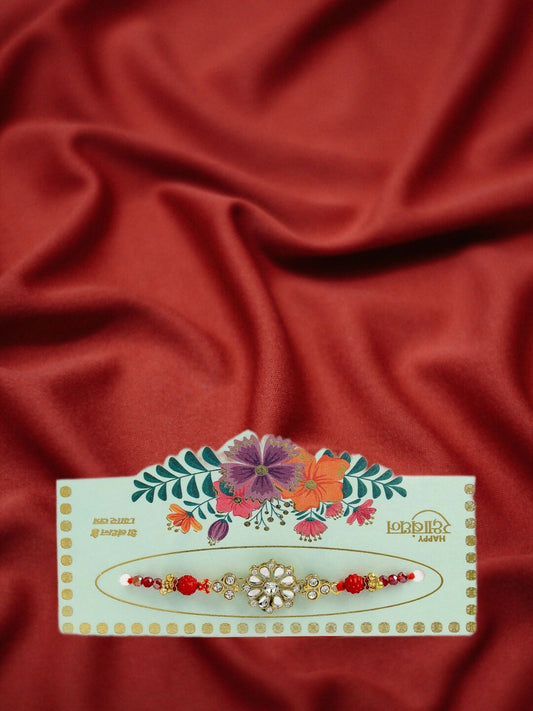 NVR Men Gold-Toned Stone-Studded Rakhi With Roli Chawal & Chocolate | Swadesiicart