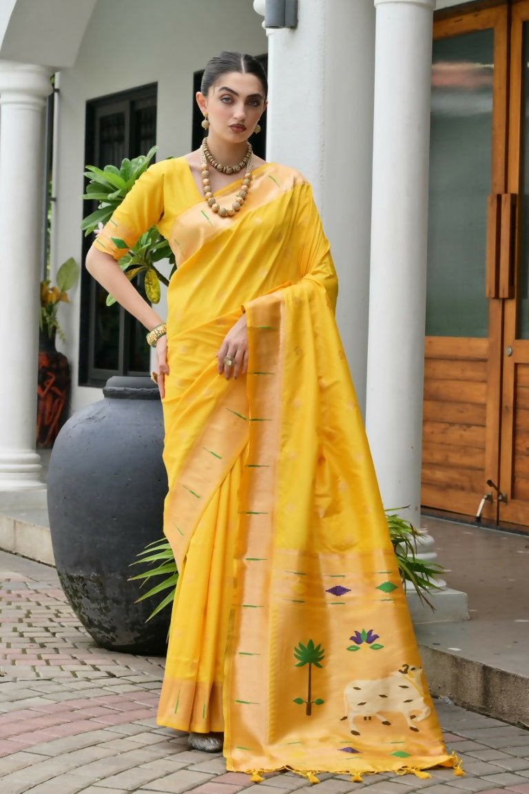 Vishnu Weaves Women's Yellow Paithani Silk Zari Woven Saree with Blouse - Swadesiicart