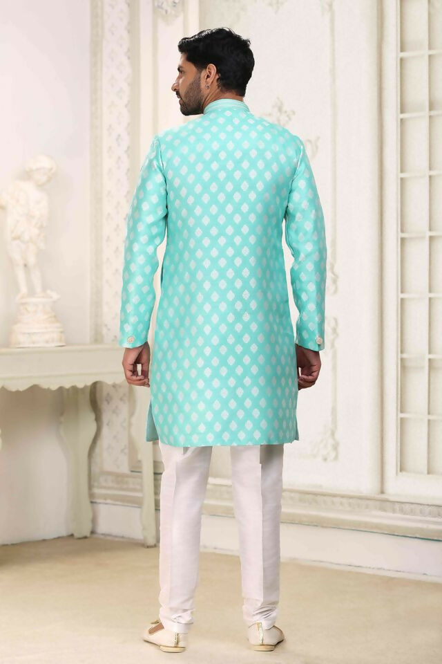 Raivat Ethnic Banarasi Jacquard Embroidery Semi Indo Western Sherwani In Green Colour | Swadesiicart