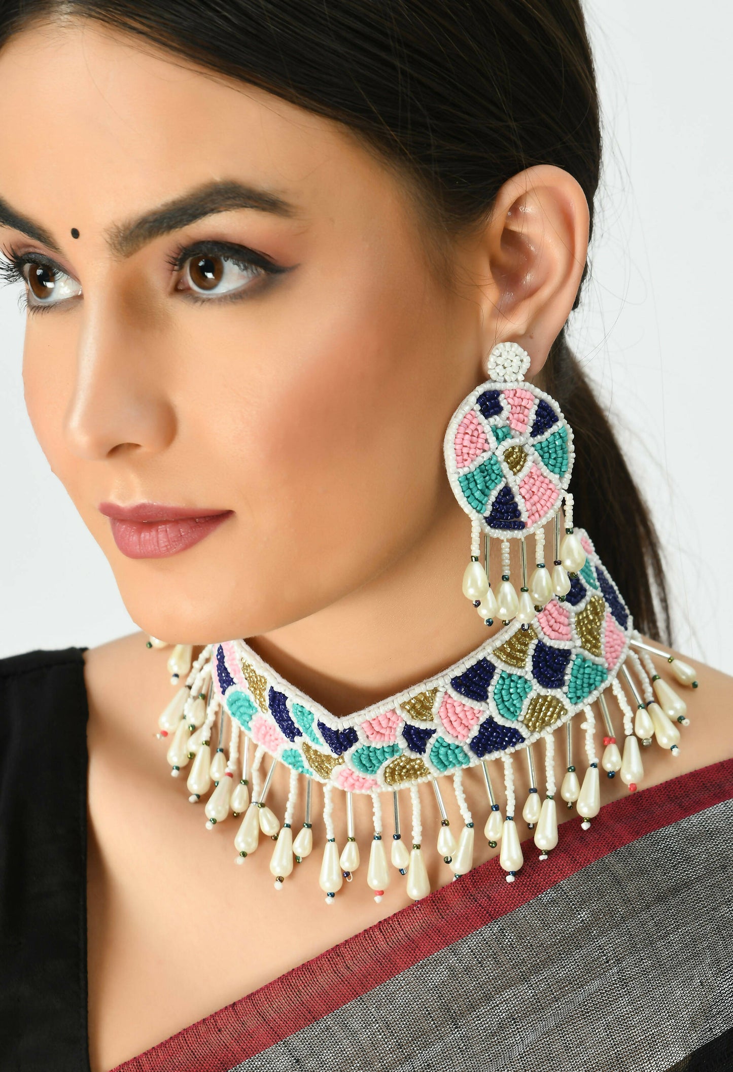 Mominos Fashion Johar Kamal Handicraft Multi Pearls Necklace with Earrings For Women - Swadesiicart