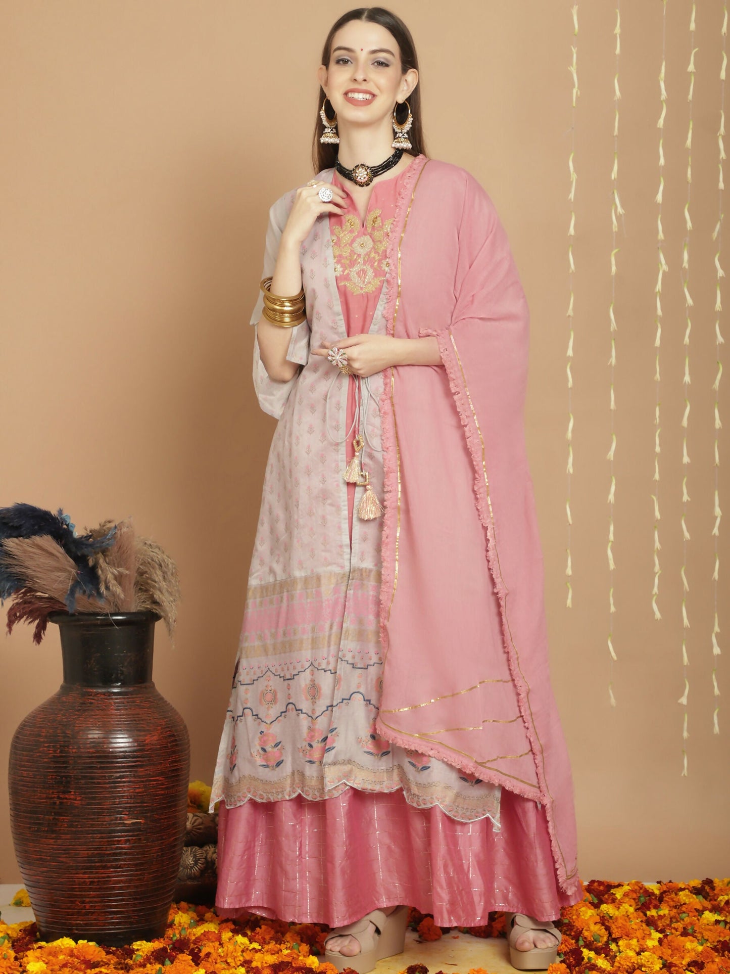 Jyoti Fashion Women's Grey Chanderi Silk Elegant Jardoshi Semi Kurta with Trouser & Dupatta | Swadesiicart