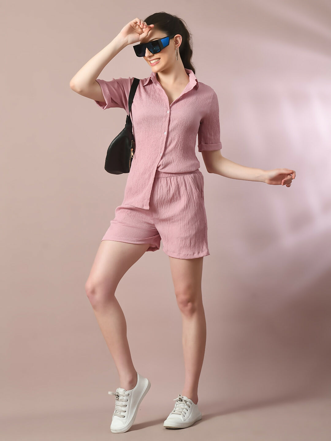 Myshka Women's Pink Solid Shirt Collar Party Shirt With Shorts Co-ord set - Swadesiicart