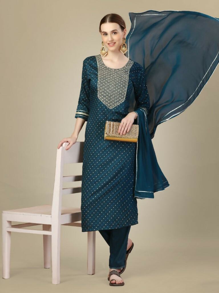 Jyoti Fashion Women's Morpich Silk Blend Embroidery & Sequence work Kurta with Trouser & Dupatta | Swadesiicart