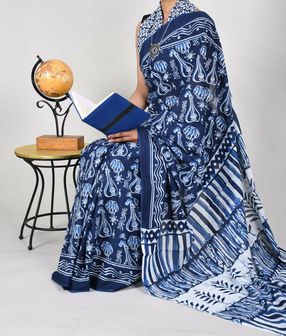 Exclusive Collection Blue Multi Beautiful Mulmul Cotton Saree - Swadesiicart