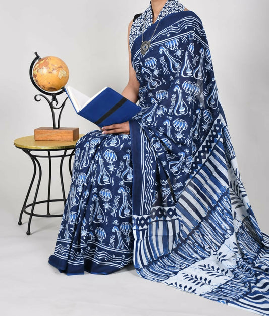 Exclusive Collection Blue Multi Beautiful Mulmul Cotton Saree - Swadesiicart