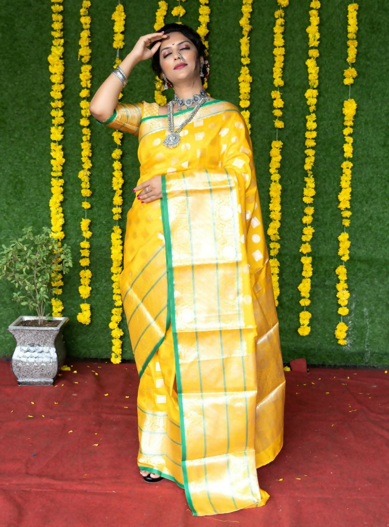 Jyoti Fashion Women's Yellow Soft Handloom Silk Zari Woven Saree with Blouse | Swadesiicart