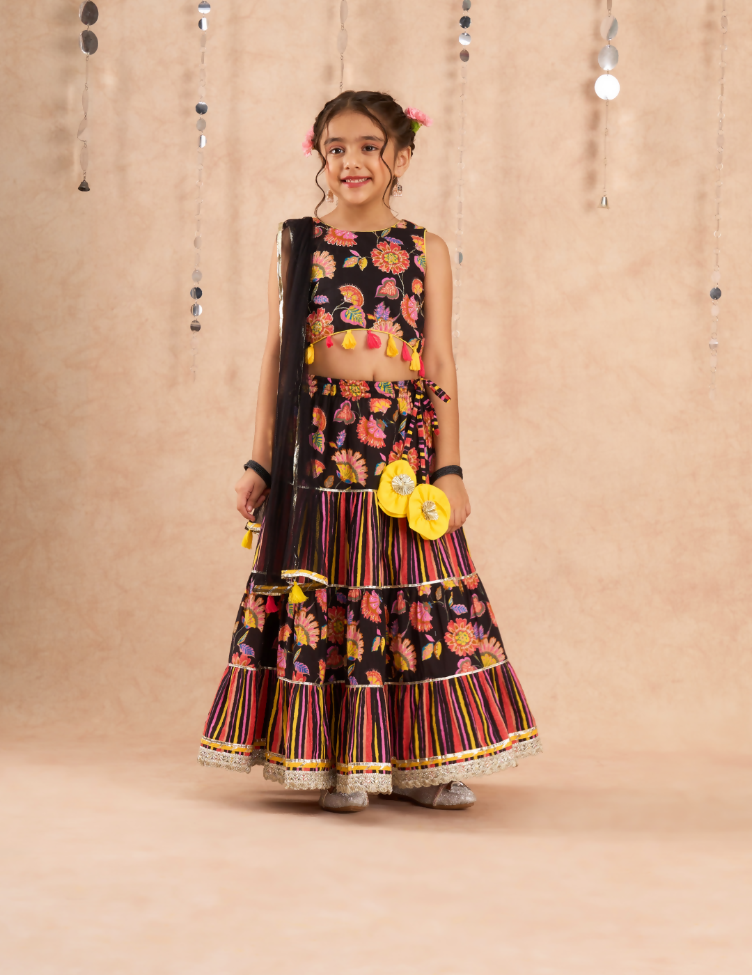 Lil Drama Jaipur Print Stylish Cotton Lehanga with Choli and Net Dupatta Set for Girls - Black | Swadesiicart