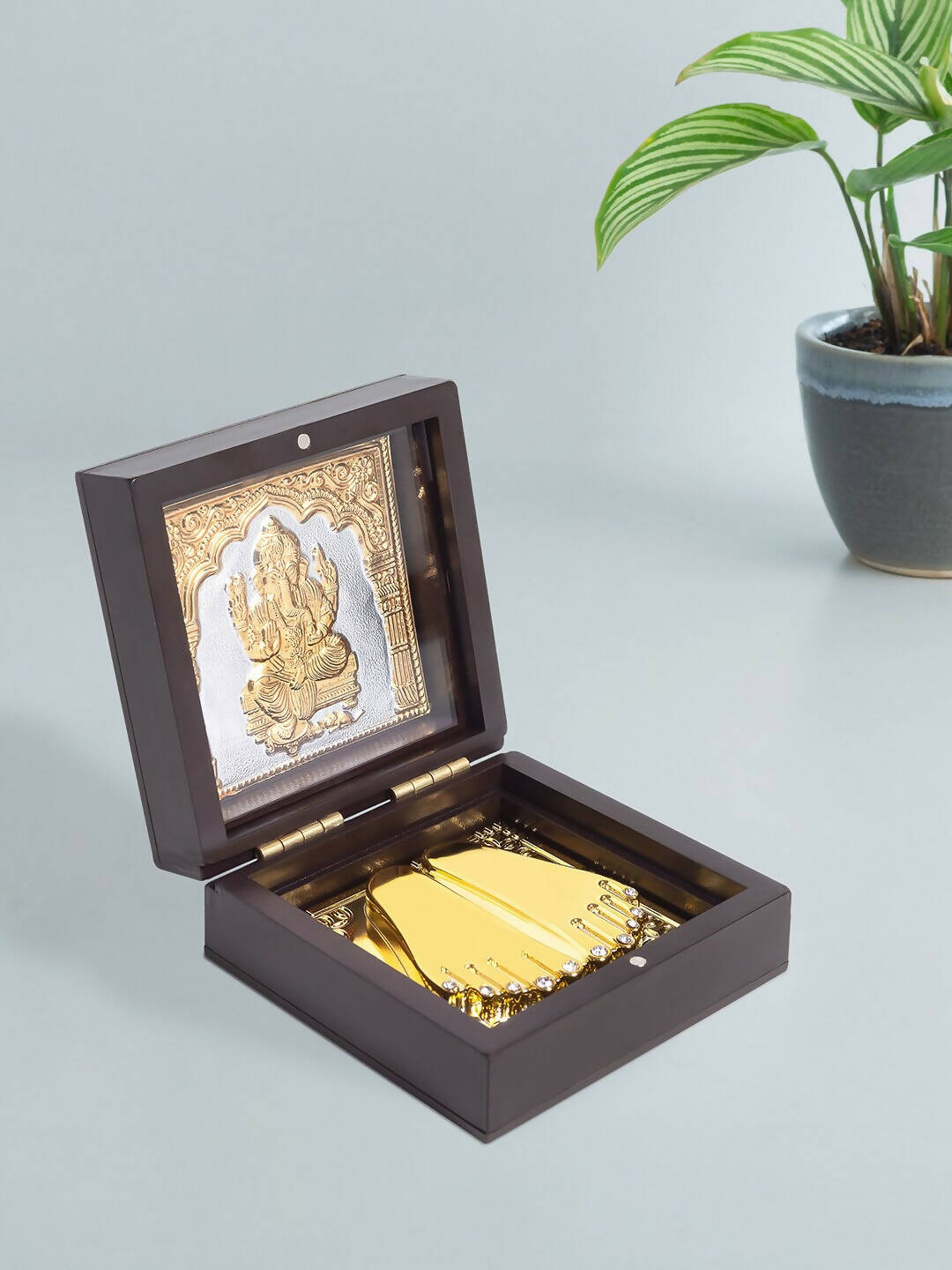 Golden Peacock Brown Wooden Ganesha Prayer Box | Swadesiicart