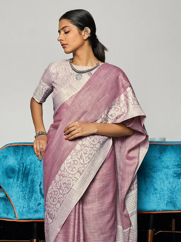 Shree Shyam Fashion Elegant Mauve Woven Linen Saree with Contrast Zari Border & Tassels - Soft & Breathable Party Wear