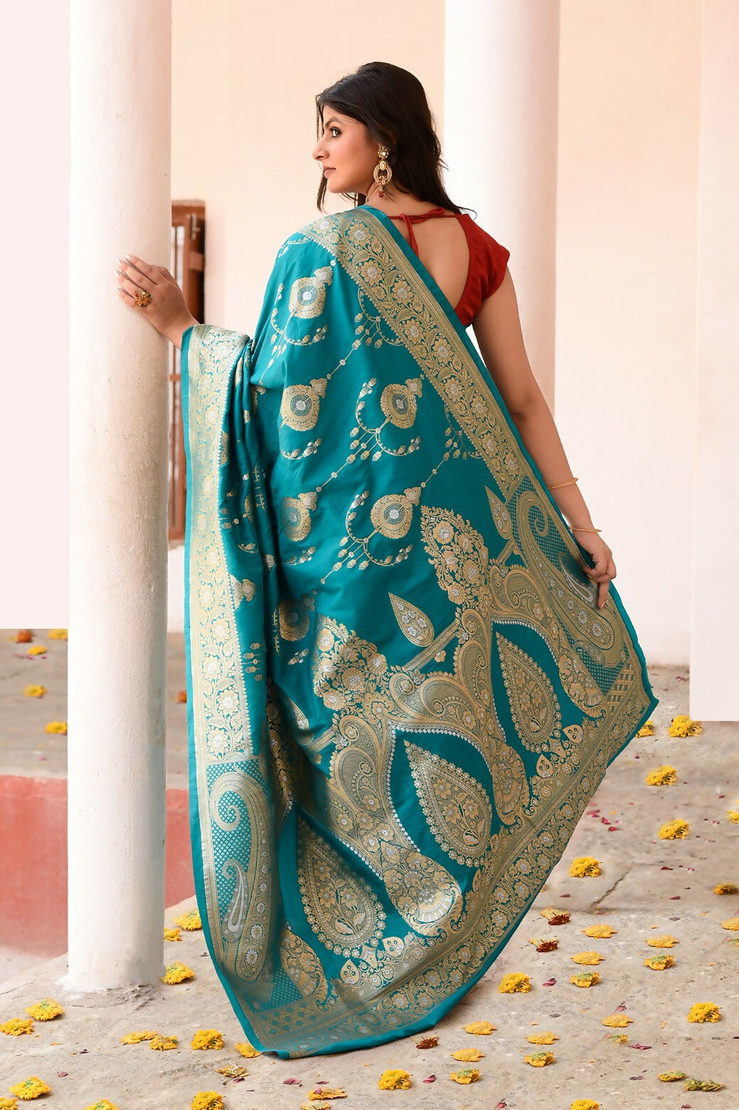 Joban Fashion Teal Green Banarasi Soft Pure Handloom Banarasi Silk Saree | Swadesiicart