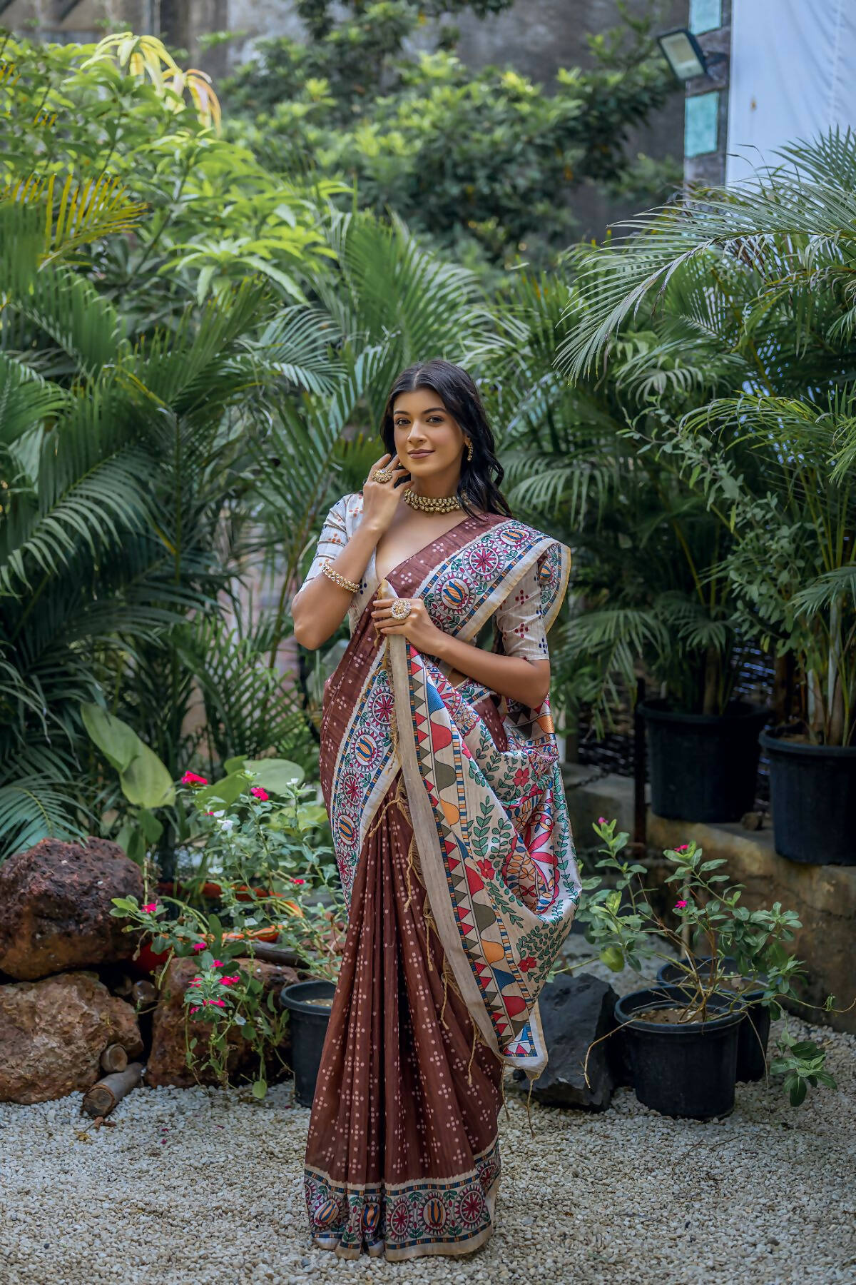 Vishnu Weaves Women's Coffee Soft Tussar Silk Printed Saree with Blouse - Swadesiicart