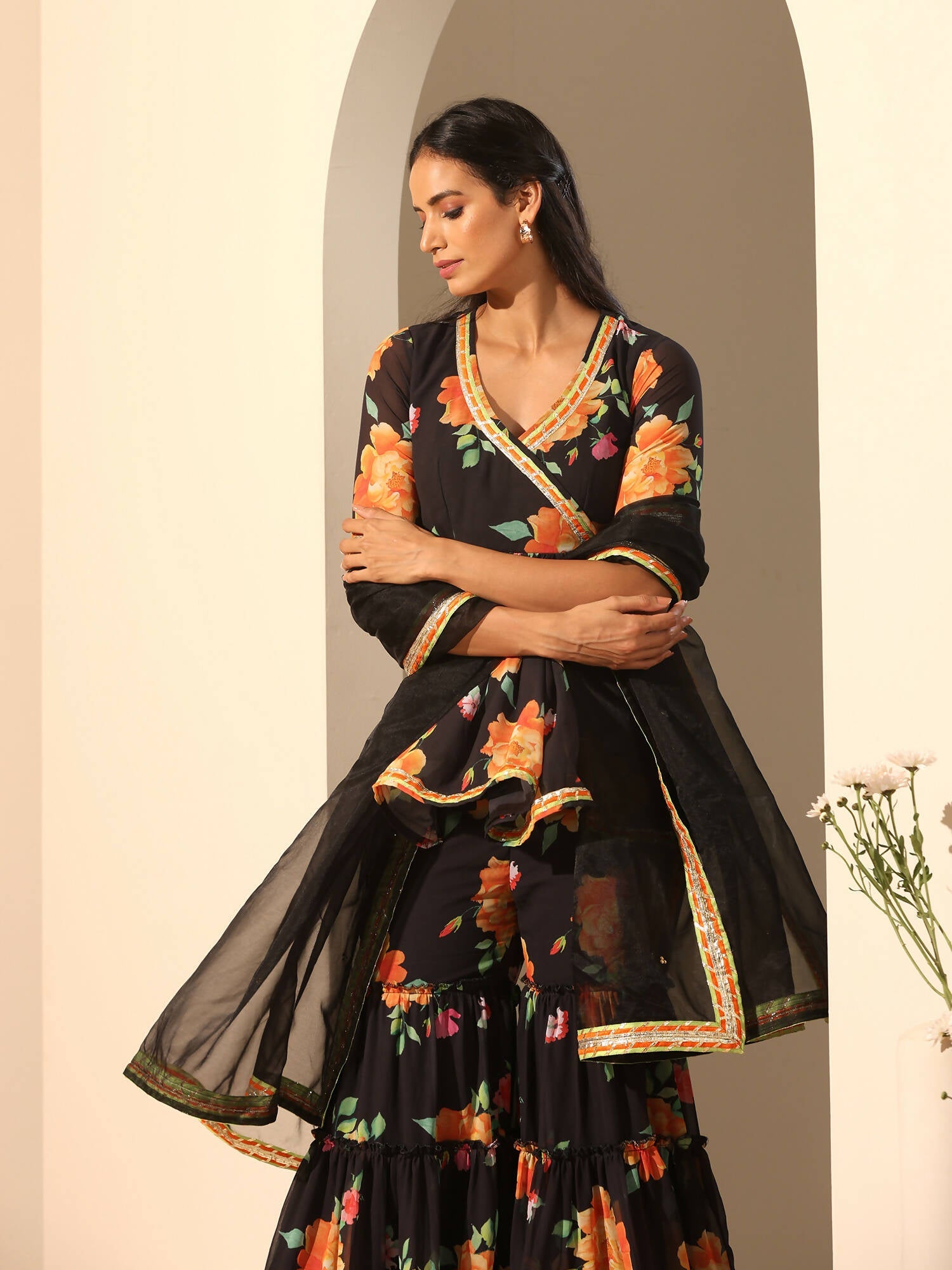 Pomcha Jaipur Black Gul Narangi Sharara Set | Swadesiicart