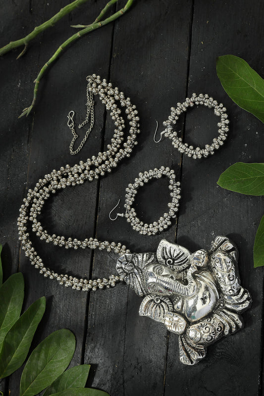 Mominos Fashion Johar Kamal Silver-Plated Brass Finish Ganesha Long Neckalce For Women - Mominos Fashion
