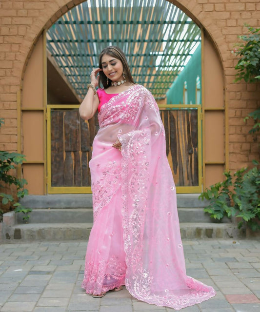Vamsee Kiki Baby-Pink Organza Saree - Swadesiicart
