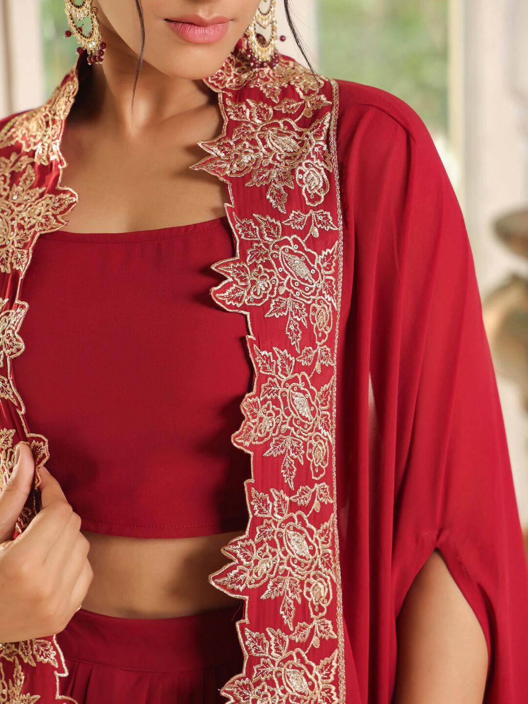 Janasya Maroon Georgette Solid Top Bottom Cape | Swadesiicart