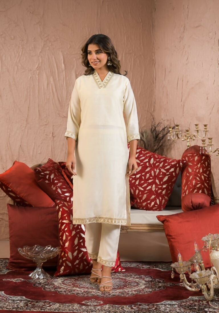 Ethnic Festive Wear Reyon Slub Off White Stitched Suit With Dupatta - Tanisha | Swadesiicart