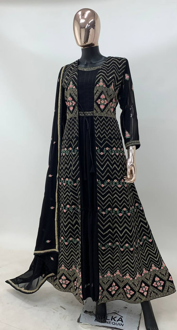 Lorenvalley Fashion Black Faux Georgette Embroidery Work Gown Jacket Stitched | Swadesiicart