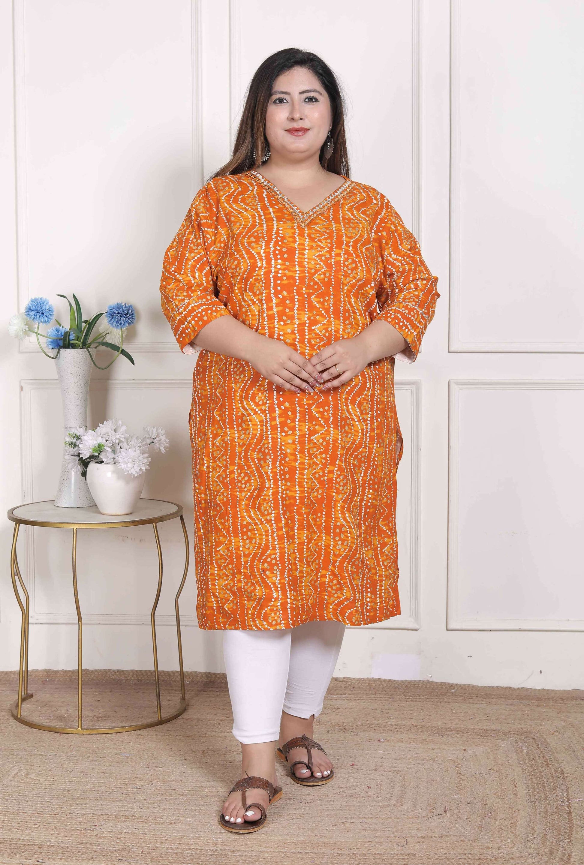 Miravan Women's Plus Size Yellow Bandhani Printed Straight Kurta - Swadesiicart