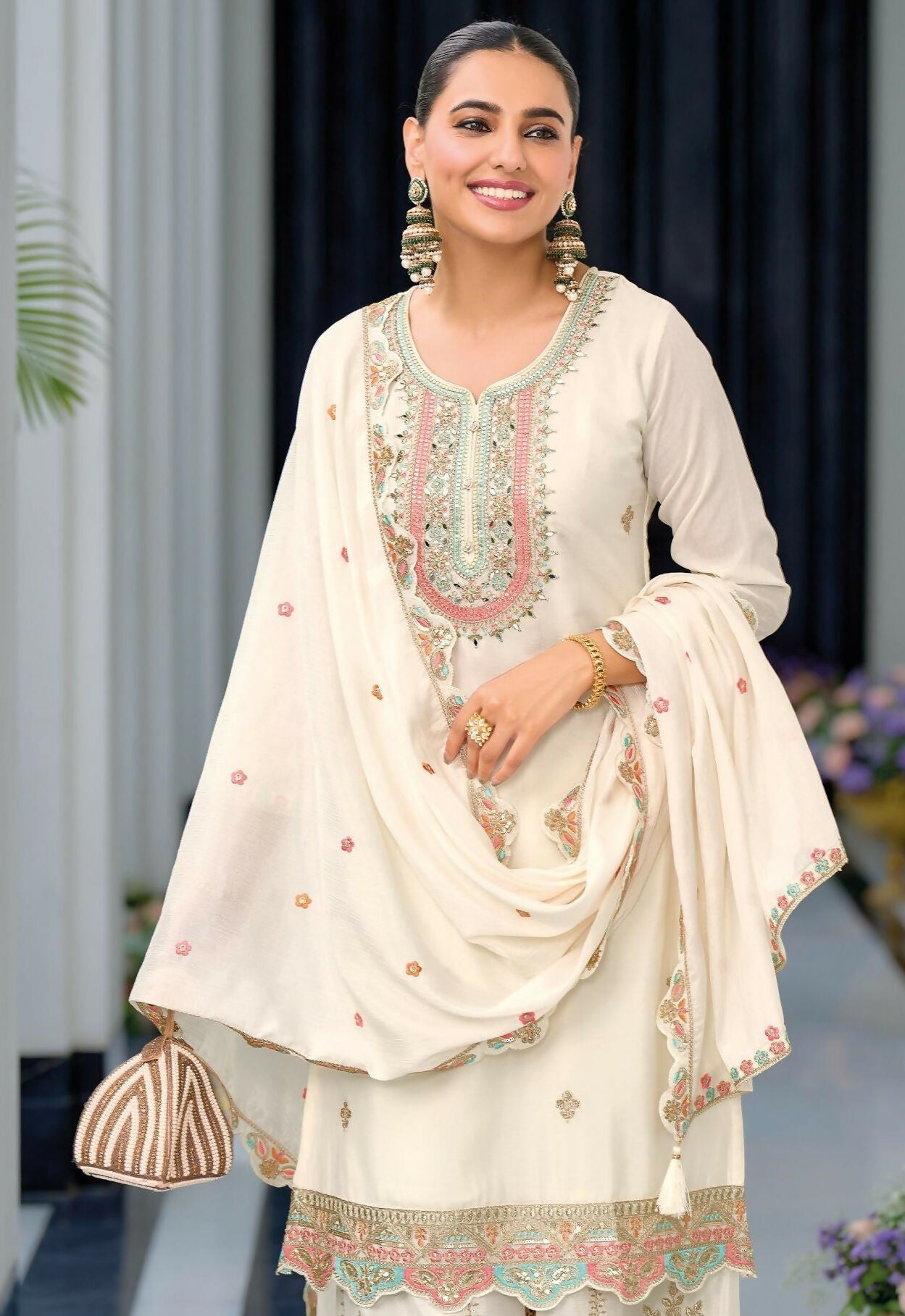 Anaita White Premium Embroidered Chinon Readymade Salwar Suit (Free Size)