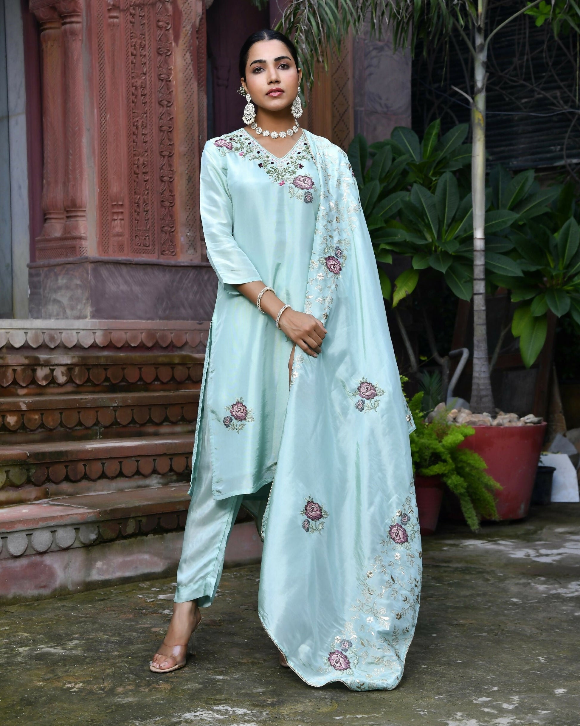 Vaasva Women's Tissue Silk Emboidered Suit Set With Solid Pant & Solid Embroidered Dupatta | Swadesiicart